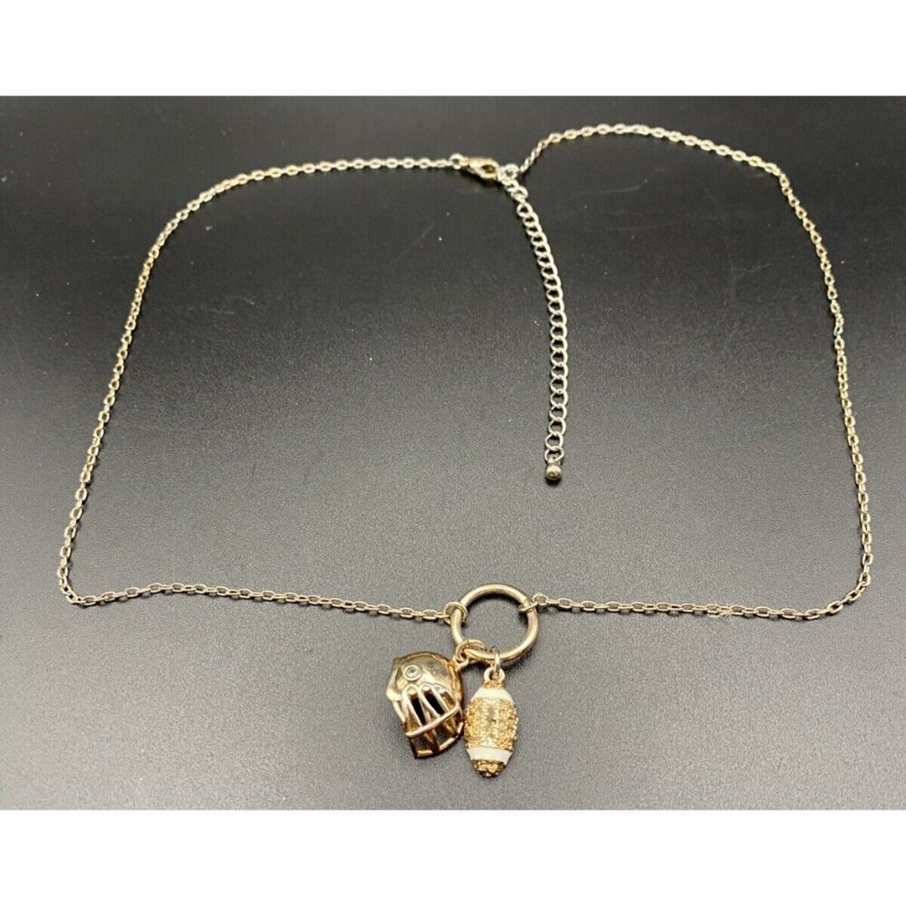 Helmet Necklace Rhinestone Enamel Football Charms Pendant 18+3" Gold Tone Cable - Picture 3 of 5